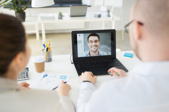 business team having video conference at office