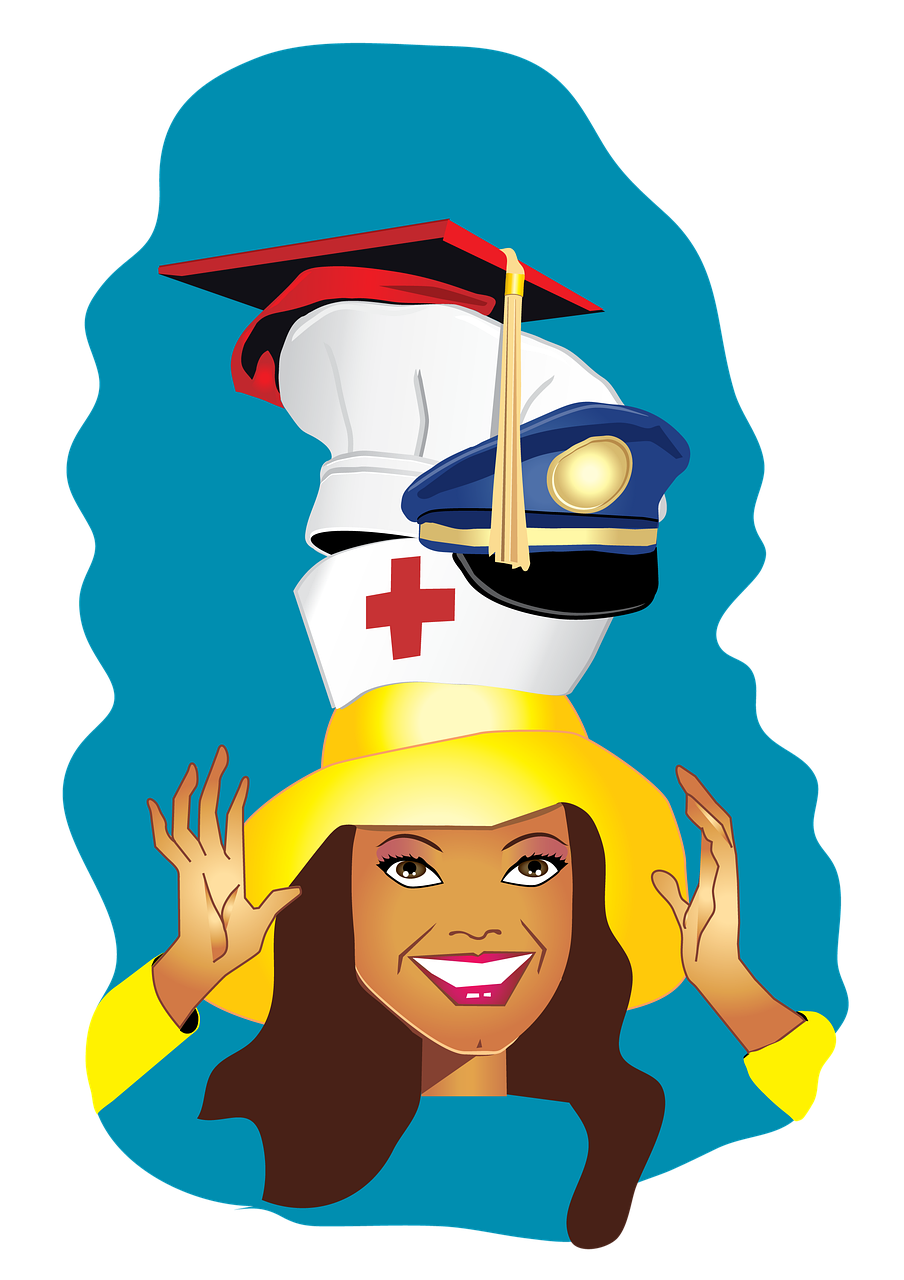 Woman wearing numerous hats of various professions
