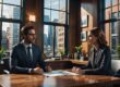 A man and a woman at a job interview in an office building in a large city