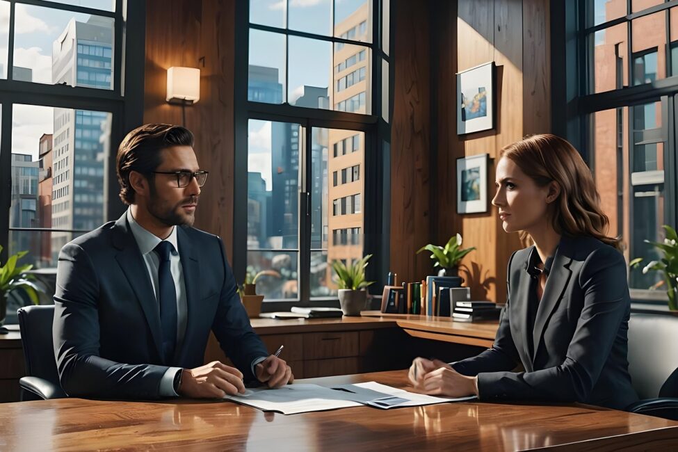 ai-generated-8896730_1280 A man and a woman at a job interview in an office building in a large city