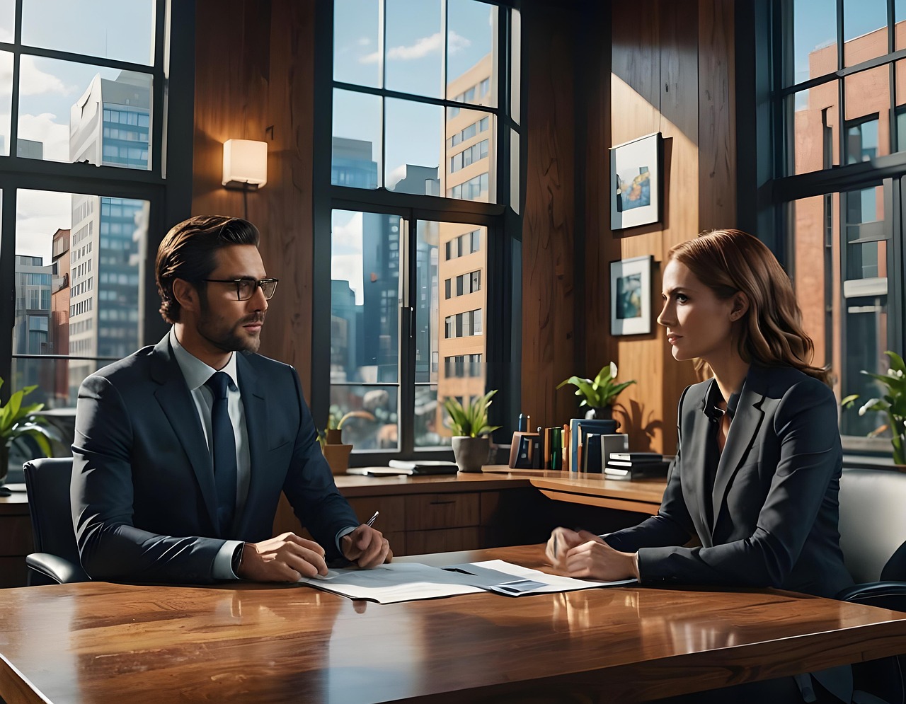 ai-generated-8896730_1280 A man and a woman at a job interview in an office building in a large city