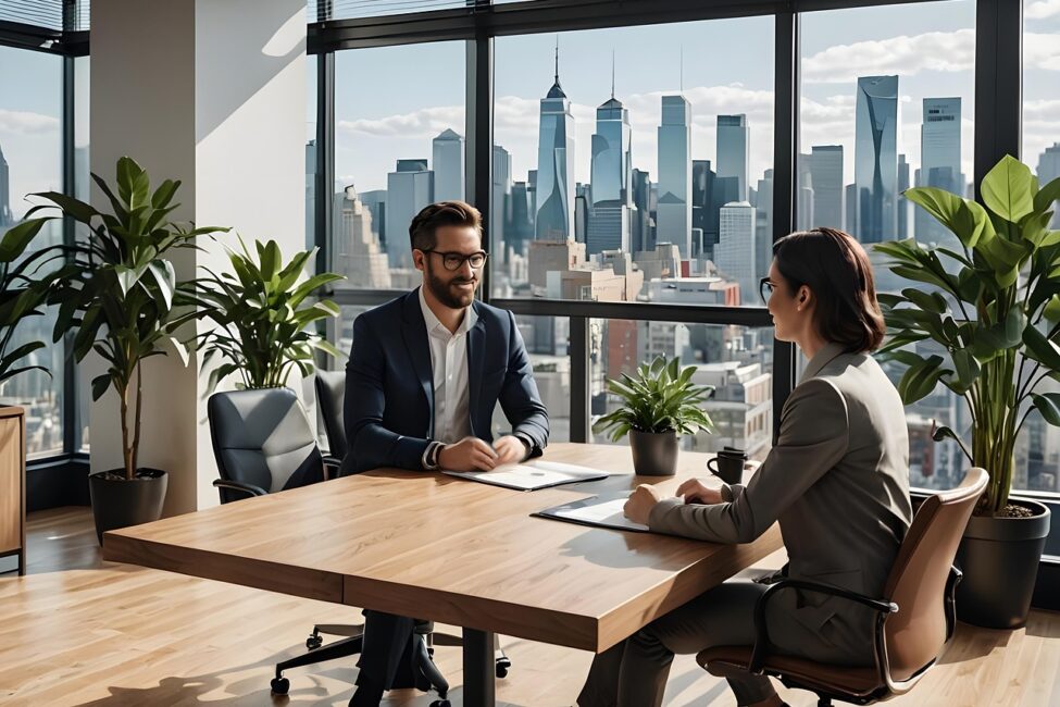 ai-generated-8913573_1280 A lawyer on a job interview at a firm in a large city
