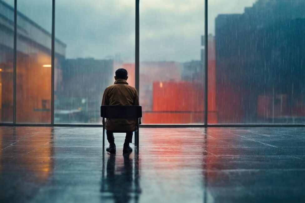 Photo of a man in a chair looking out of a large window