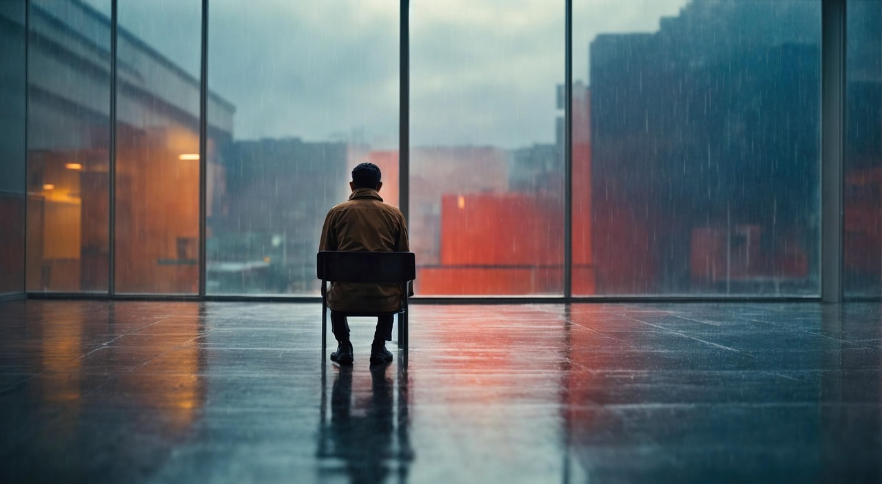 ai-generated-8217602_1280 Photo of a man in a chair looking out of a large window