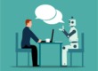 A man and robot talking: a visual metaphor for an interview involving AI