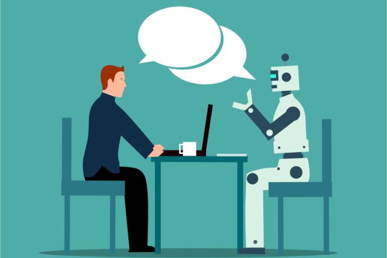 A man and robot talking: a visual metaphor for an interview involving AI